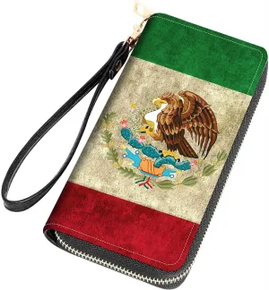 Mexican Flag Print Women Large Capacity Wallet PU Leather Zipper Clutch Purse for Smart Phone/Card/Coin/Cash