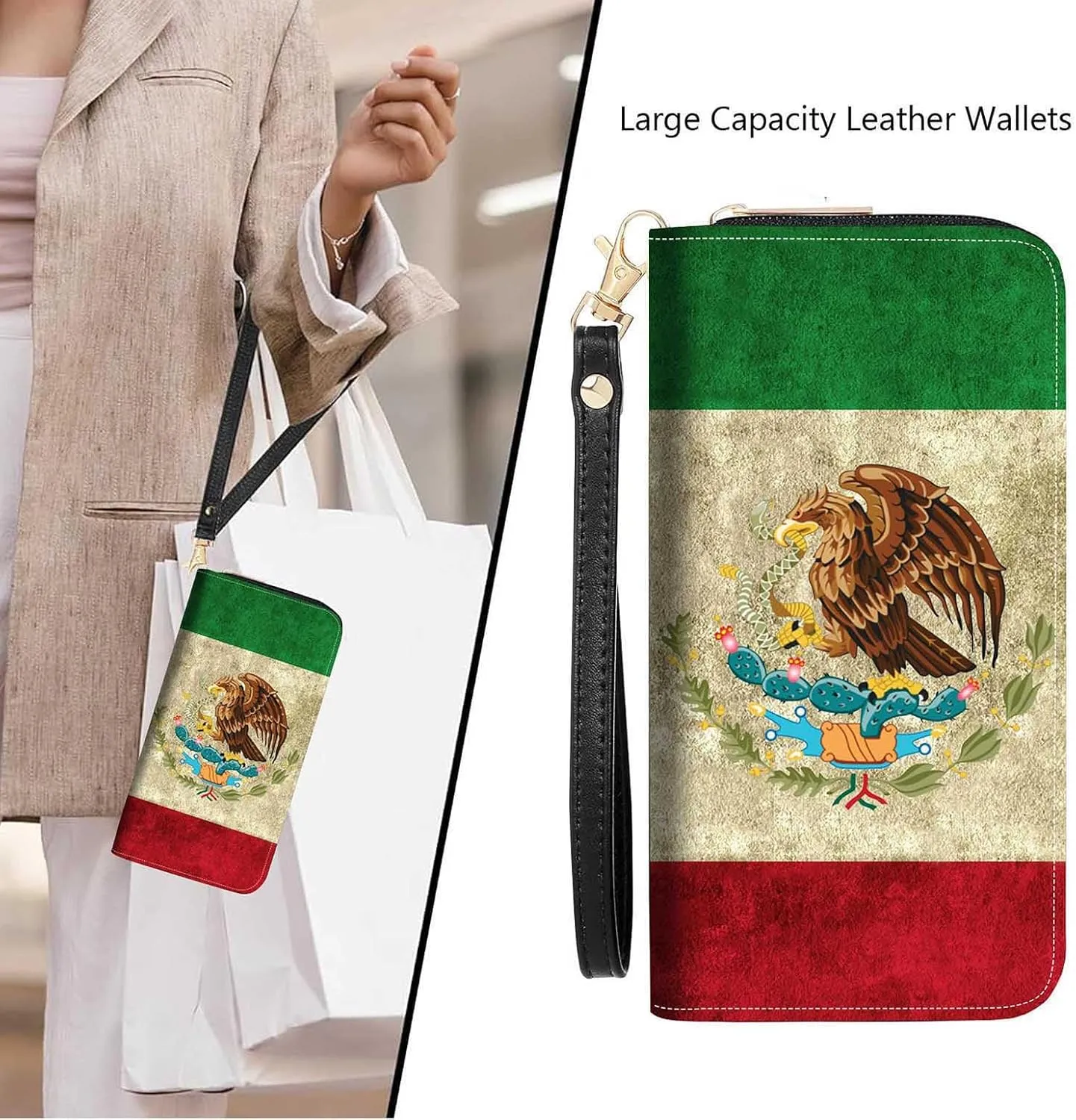 Mexican Flag Print Women Large Capacity Wallet PU Leather Zipper Clutch Purse for Smart Phone/Card/Coin/Cash