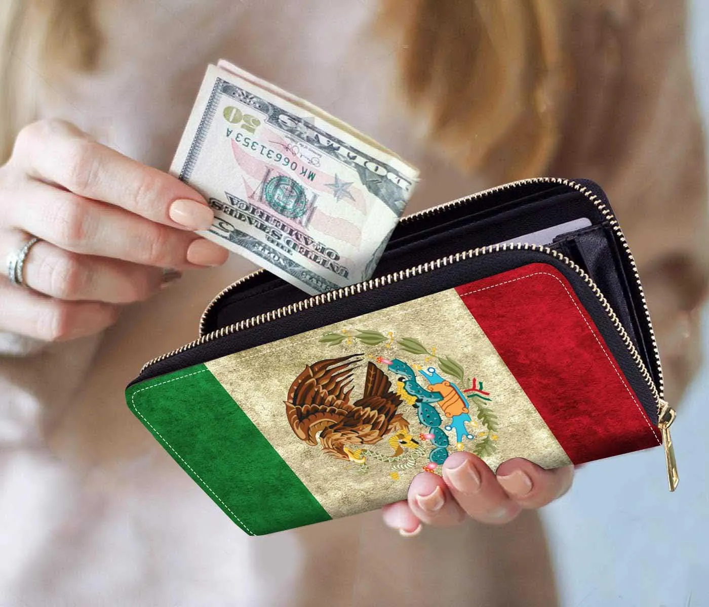 Mexican Flag Print Women Large Capacity Wallet PU Leather Zipper Clutch Purse for Smart Phone/Card/Coin/Cash