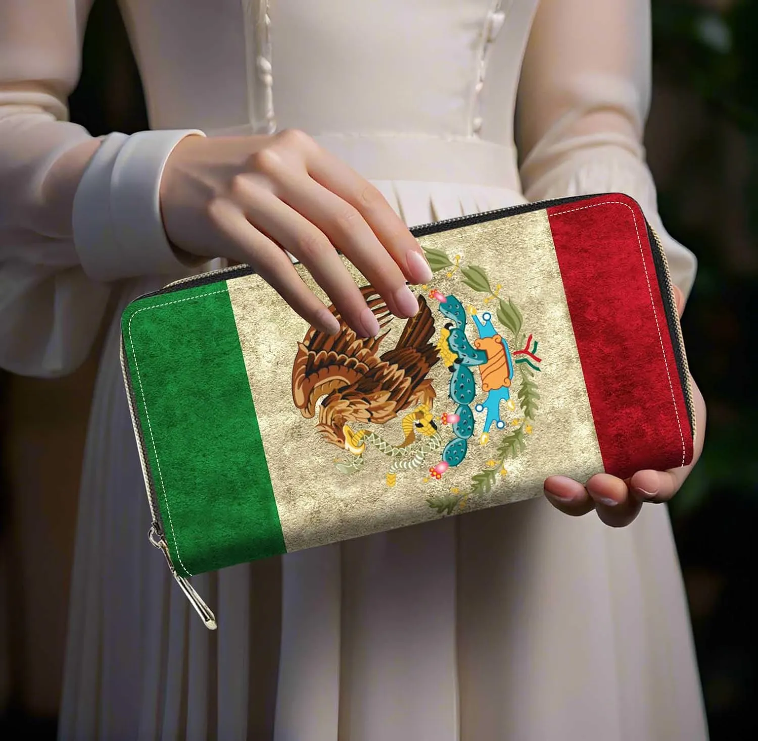 Mexican Flag Print Women Large Capacity Wallet PU Leather Zipper Clutch Purse for Smart Phone/Card/Coin/Cash
