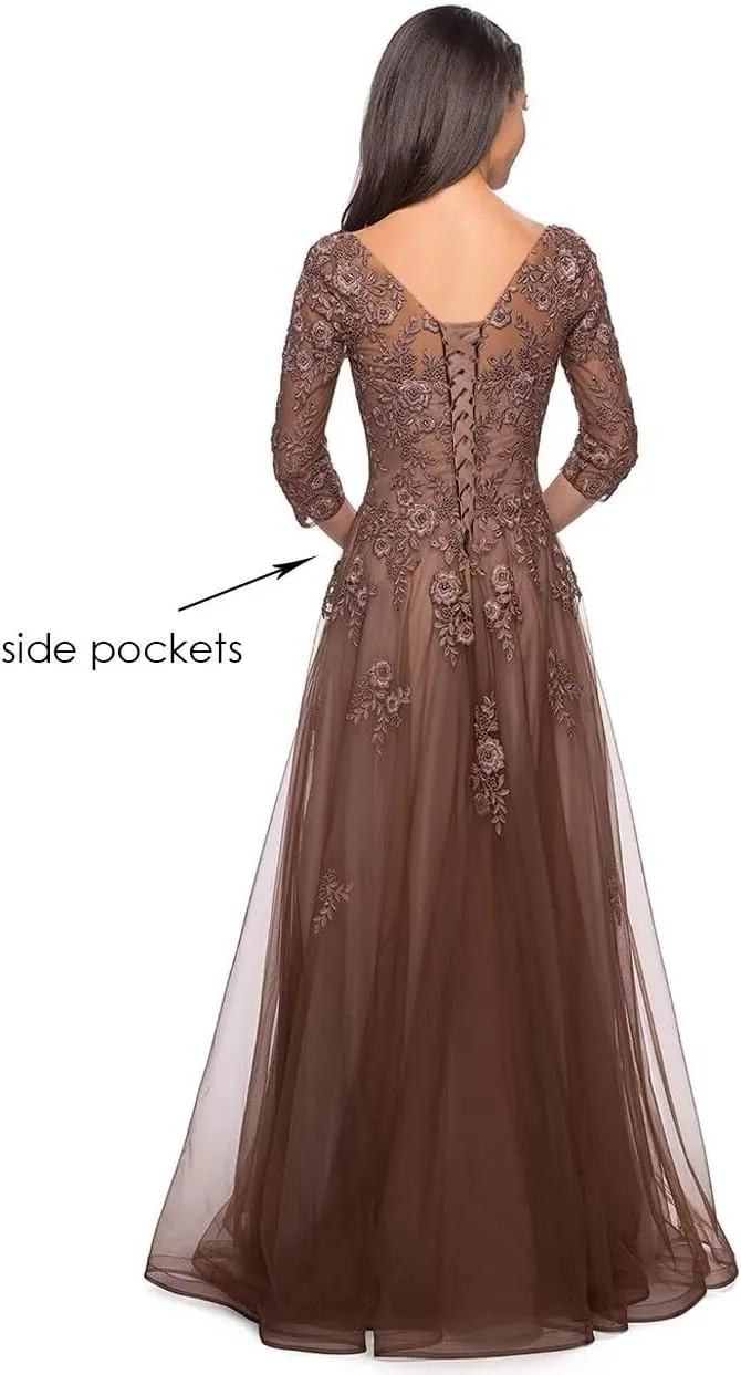 Miao Duo Women's Floral Lace Appliques 3/4 Sleeve Mother of The Bride Dresses Long V Neck Formal Dresses with Pockets YZTS028