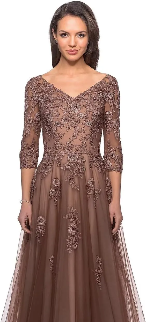 Miao Duo Women's Floral Lace Appliques 3/4 Sleeve Mother of The Bride Dresses Long V Neck Formal Dresses with Pockets YZTS028