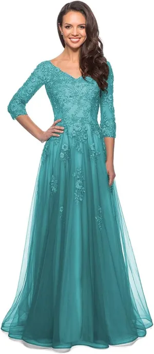 Miao Duo Women's Floral Lace Appliques 3/4 Sleeve Mother of The Bride Dresses Long V Neck Formal Dresses with Pockets YZTS028