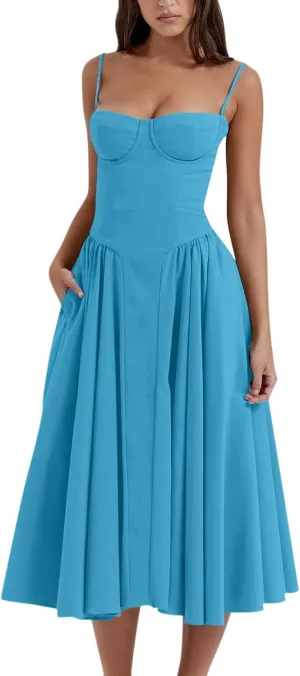 midelxp Womens Corset Dress Elegant Spaghetti Strap Bustier Midi Dress Low Cut Flowy Pleated Hem Formal Dresses with Pockets