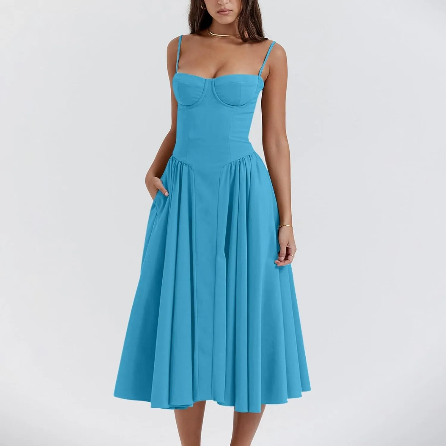 midelxp Womens Corset Dress Elegant Spaghetti Strap Bustier Midi Dress Low Cut Flowy Pleated Hem Formal Dresses with Pockets