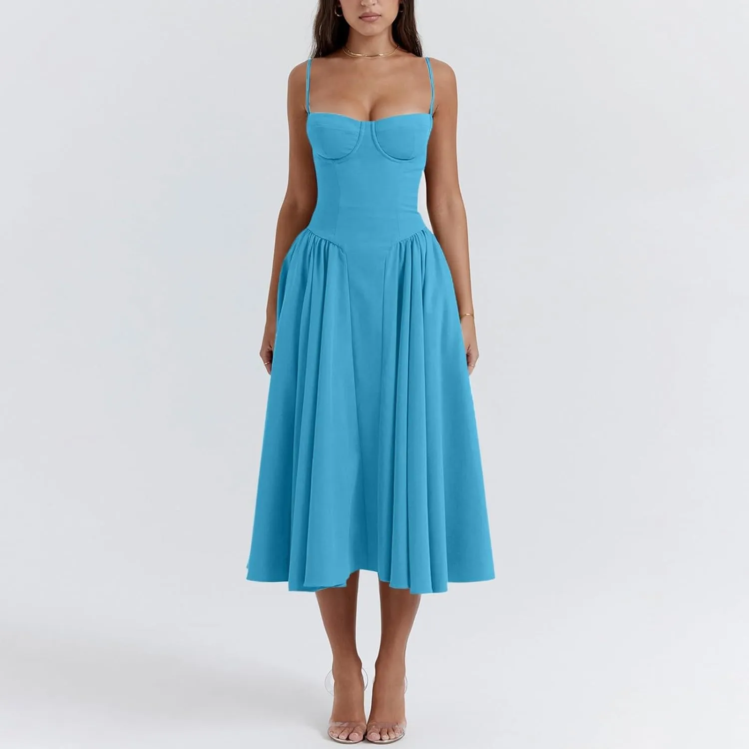 midelxp Womens Corset Dress Elegant Spaghetti Strap Bustier Midi Dress Low Cut Flowy Pleated Hem Formal Dresses with Pockets