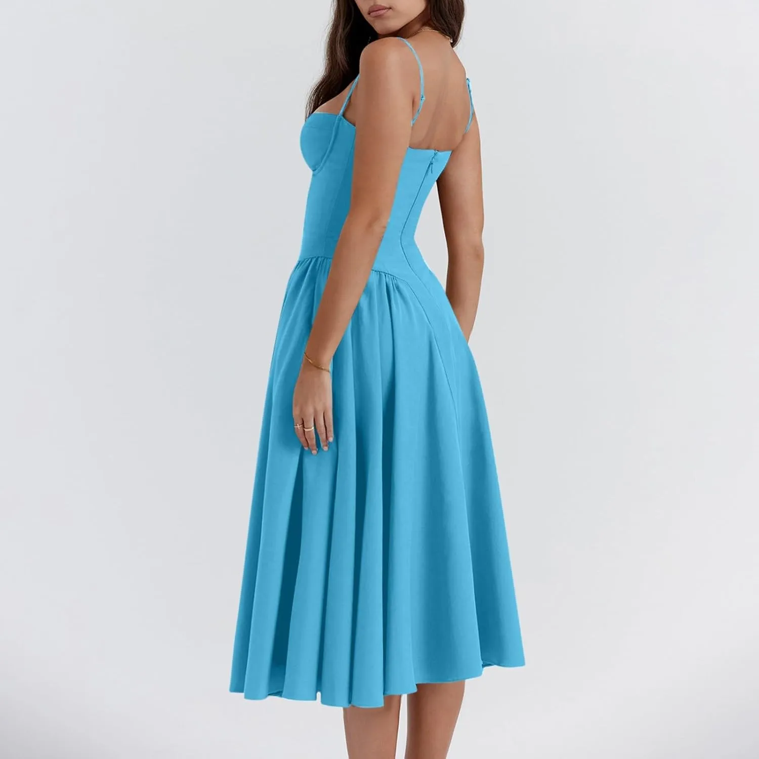 midelxp Womens Corset Dress Elegant Spaghetti Strap Bustier Midi Dress Low Cut Flowy Pleated Hem Formal Dresses with Pockets