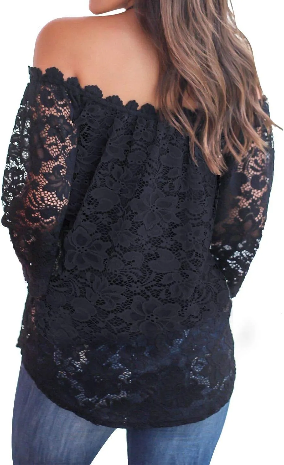 MIHOLL Women's Lace Off Shoulder Tops Casual Loose Blouse Shirts