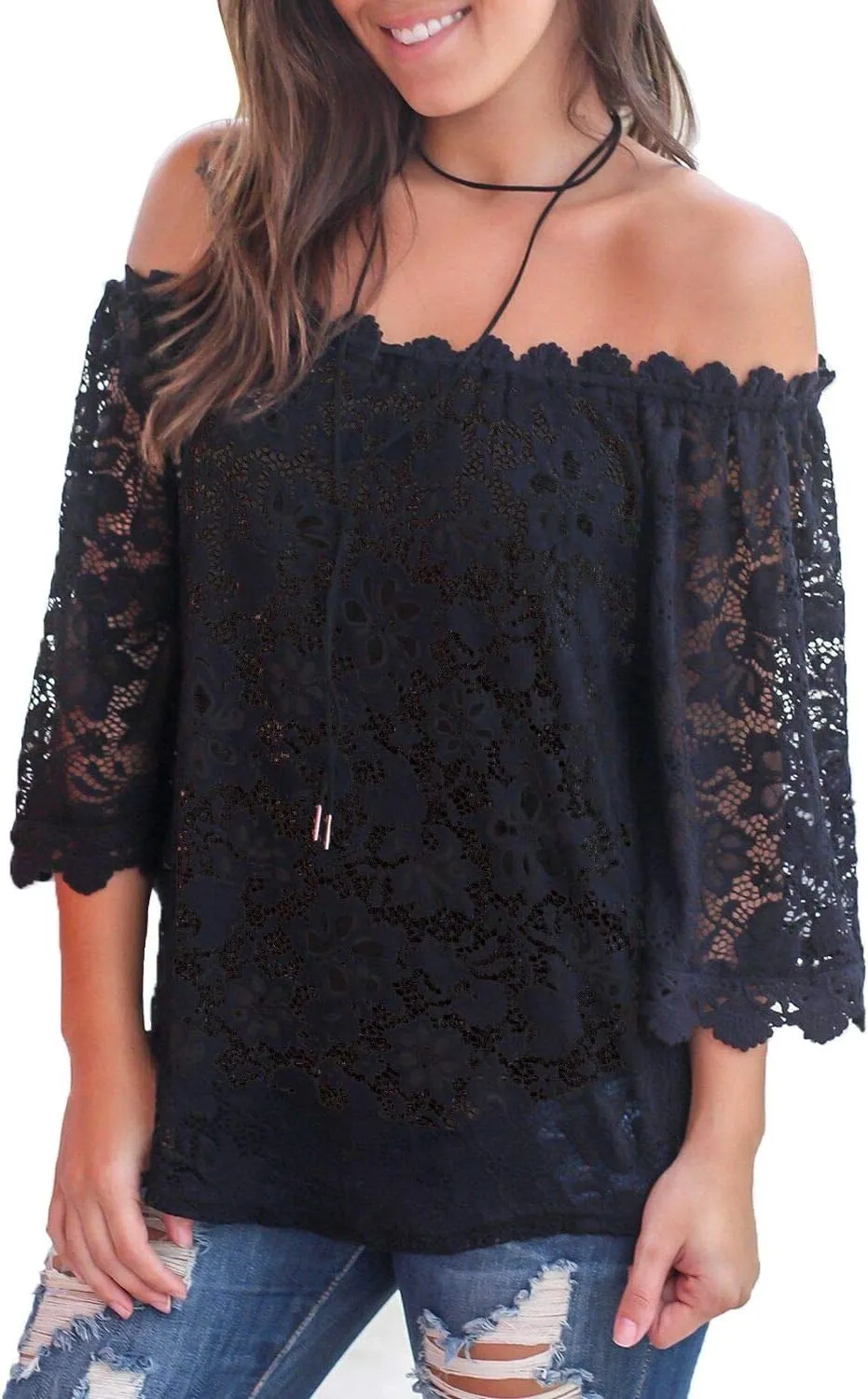 MIHOLL Women's Lace Off Shoulder Tops Casual Loose Blouse Shirts