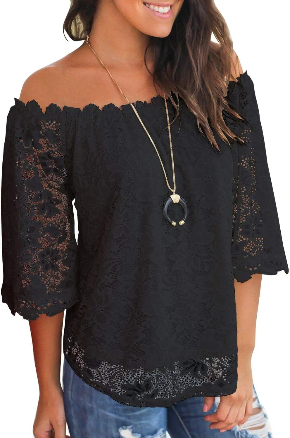 MIHOLL Women's Lace Off Shoulder Tops Casual Loose Blouse Shirts