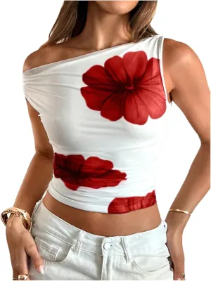 Milumia Women's Floral One Off Shoulder Ruched Crop Tops Sleeveless Asymmetrical Neck Tank Top