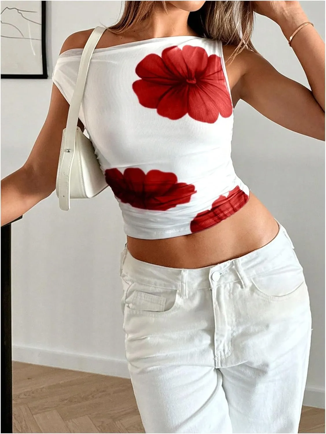 Milumia Women's Floral One Off Shoulder Ruched Crop Tops Sleeveless Asymmetrical Neck Tank Top