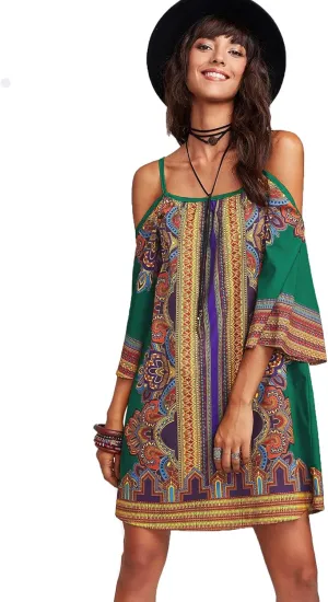 Milumia Women's Vintage Print Kimono Sleeve Geometric Tunic Boho Dress