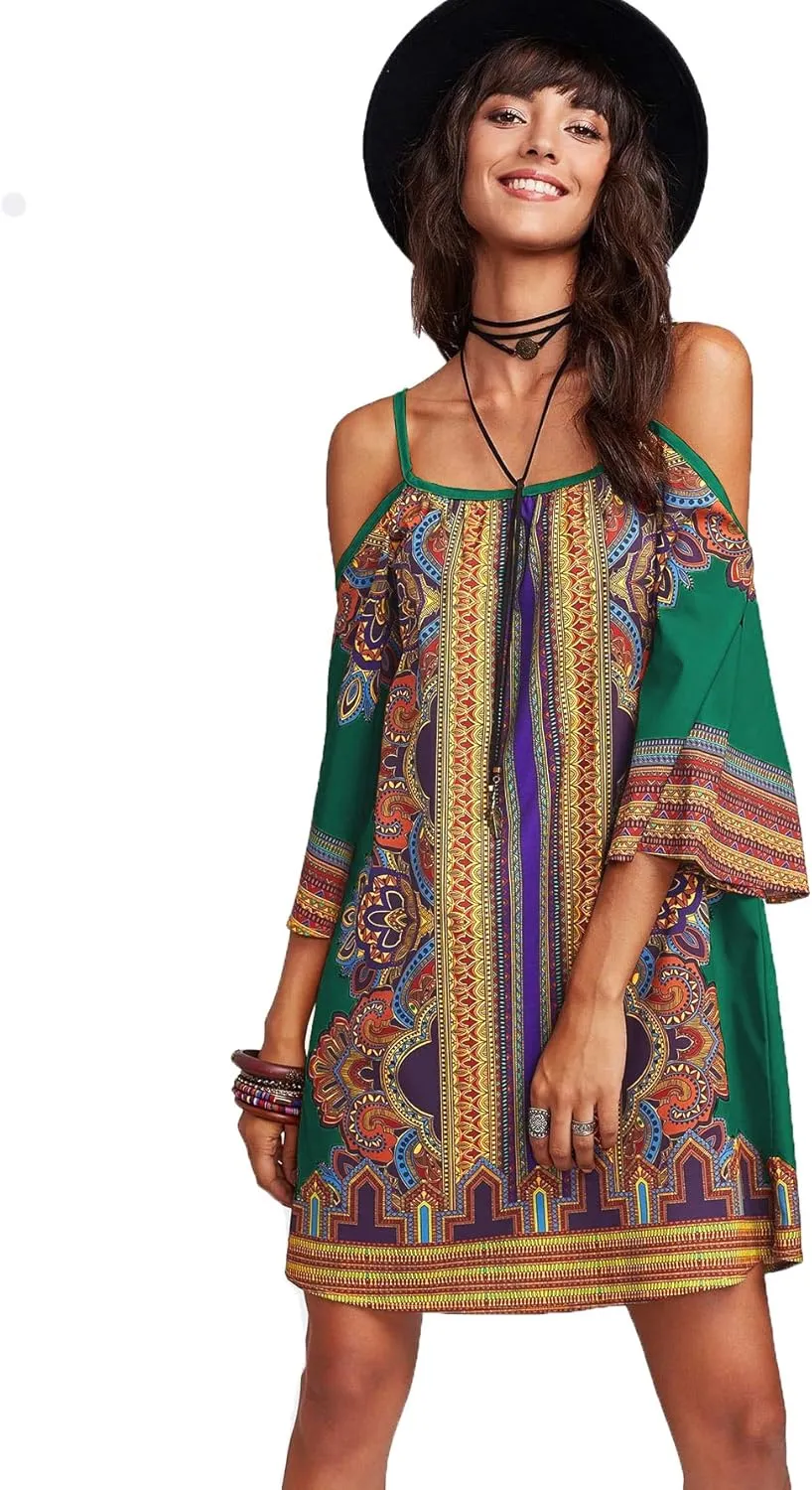 Milumia Women's Vintage Print Kimono Sleeve Geometric Tunic Boho Dress