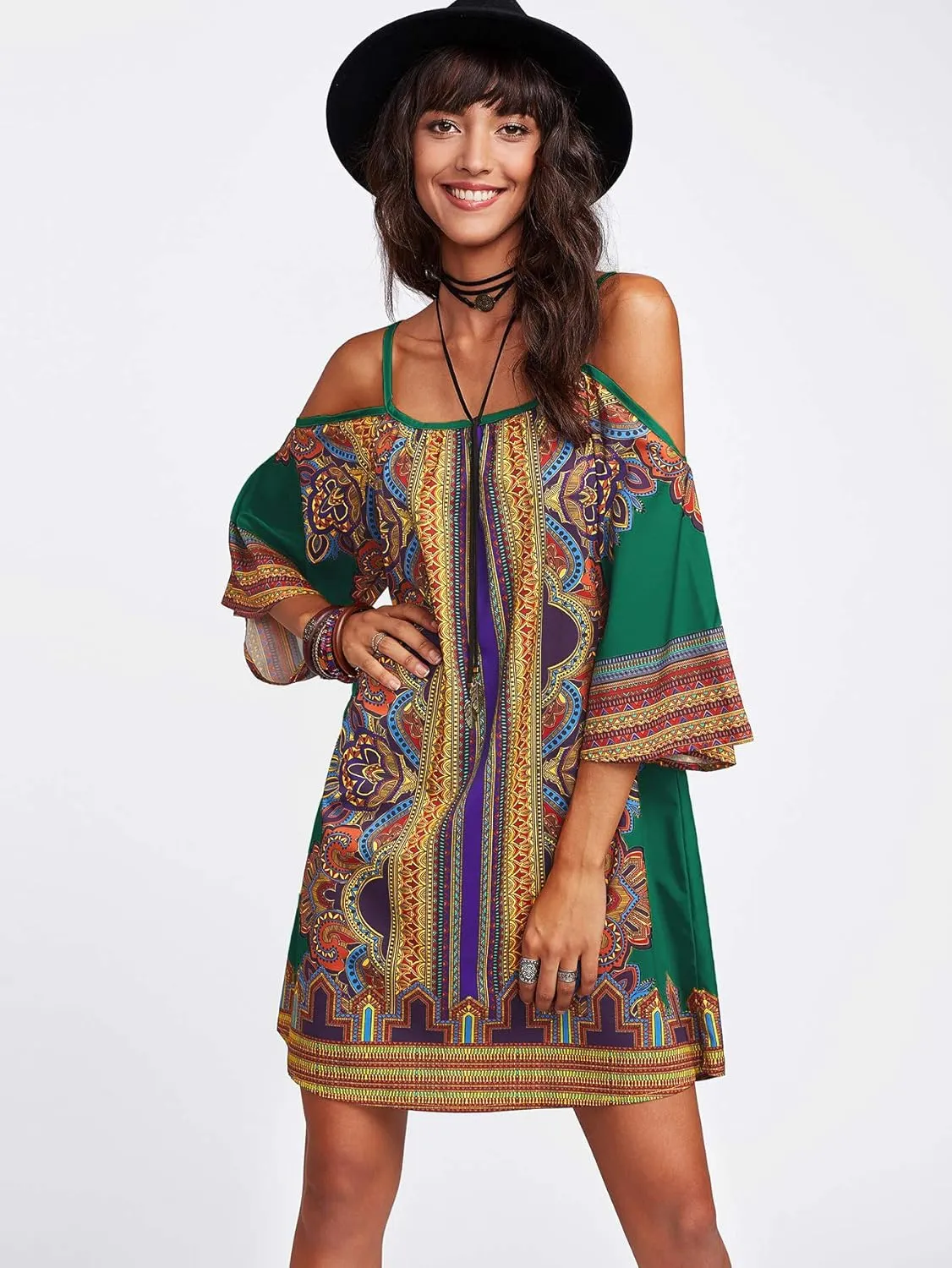 Milumia Women's Vintage Print Kimono Sleeve Geometric Tunic Boho Dress