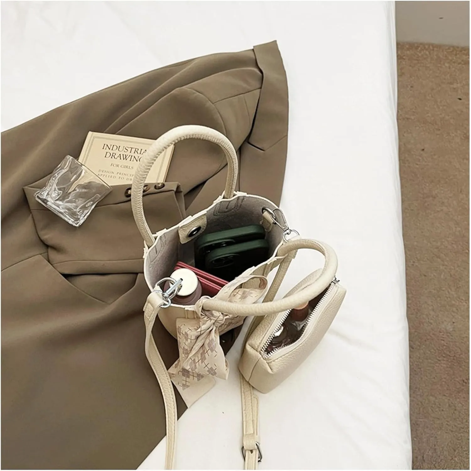 Mini Bucket Bag Pebbled Leather Bucket Purse with Bow Scarf Vintage Purse Small Shoulder Handbag Crossbody Bag