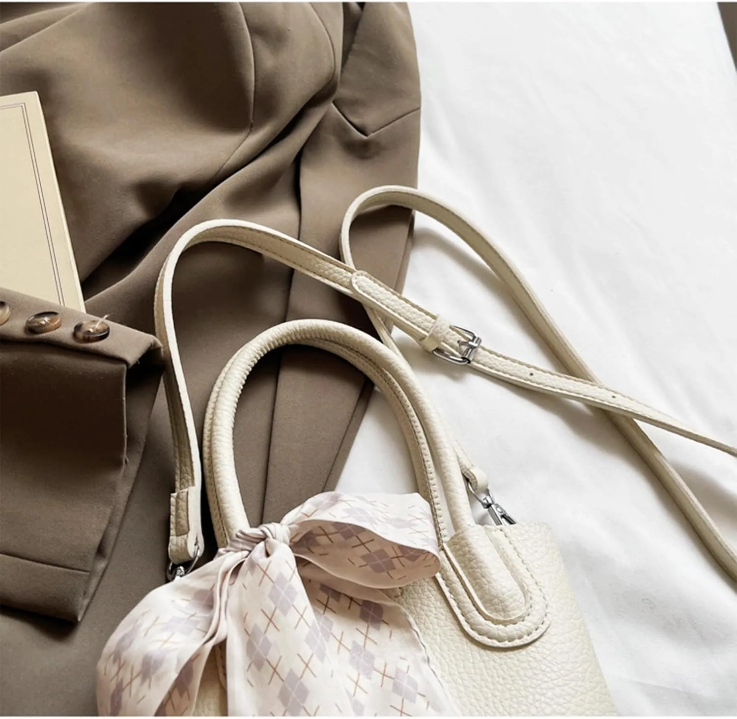 Mini Bucket Bag Pebbled Leather Bucket Purse with Bow Scarf Vintage Purse Small Shoulder Handbag Crossbody Bag
