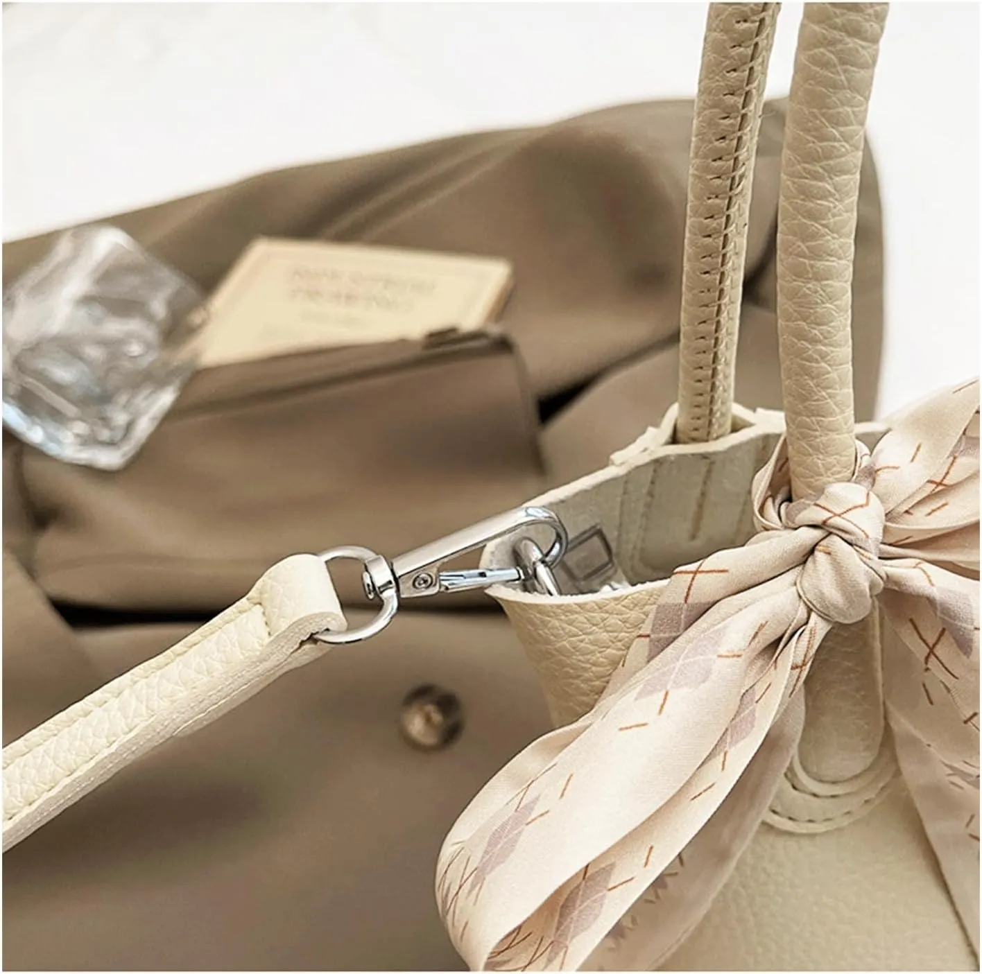 Mini Bucket Bag Pebbled Leather Bucket Purse with Bow Scarf Vintage Purse Small Shoulder Handbag Crossbody Bag