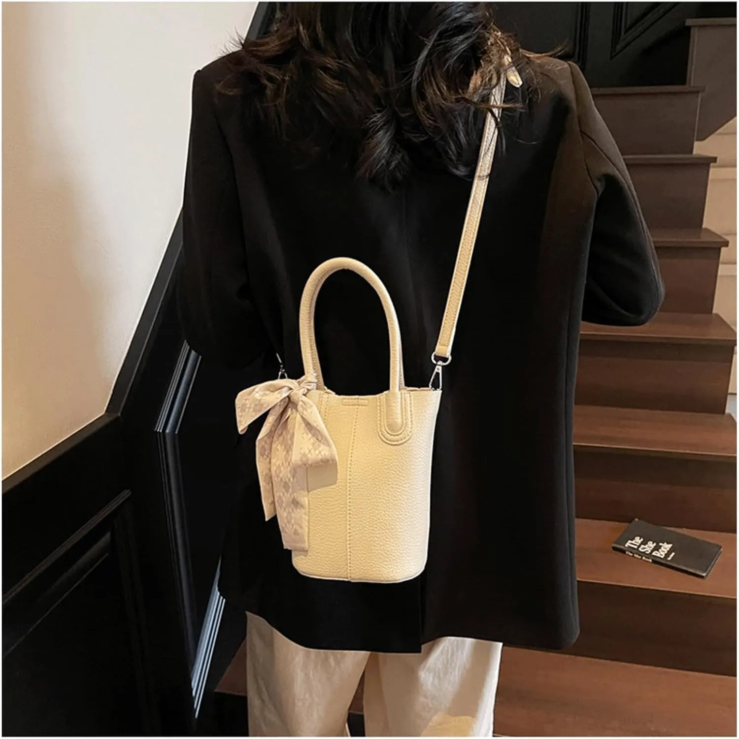 Mini Bucket Bag Pebbled Leather Bucket Purse with Bow Scarf Vintage Purse Small Shoulder Handbag Crossbody Bag