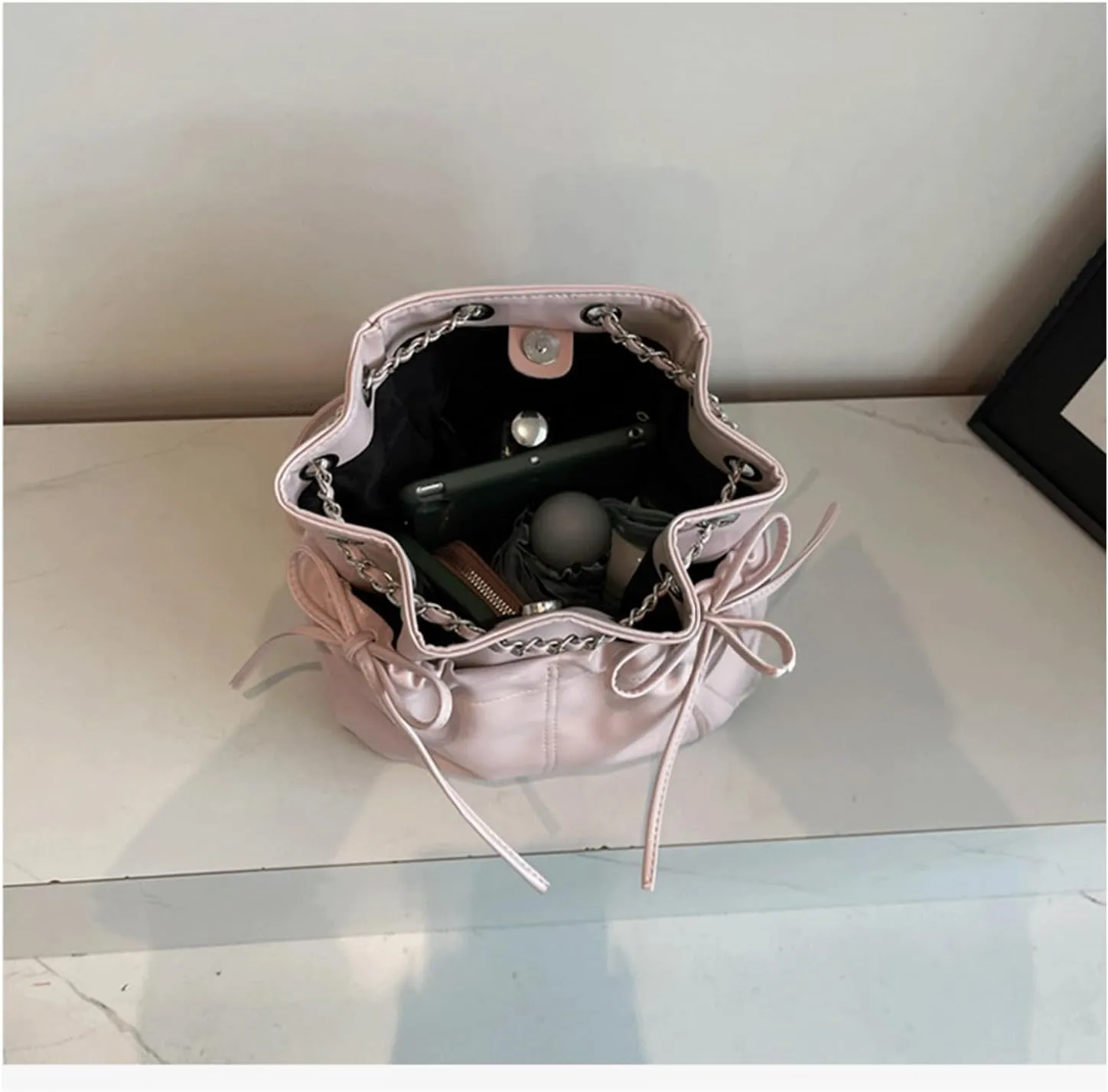 Mini Bucket Bag Vintage Leather Bucket Purse with Bow Drawstring Handbag Shoulder Crossbody Purse Bag