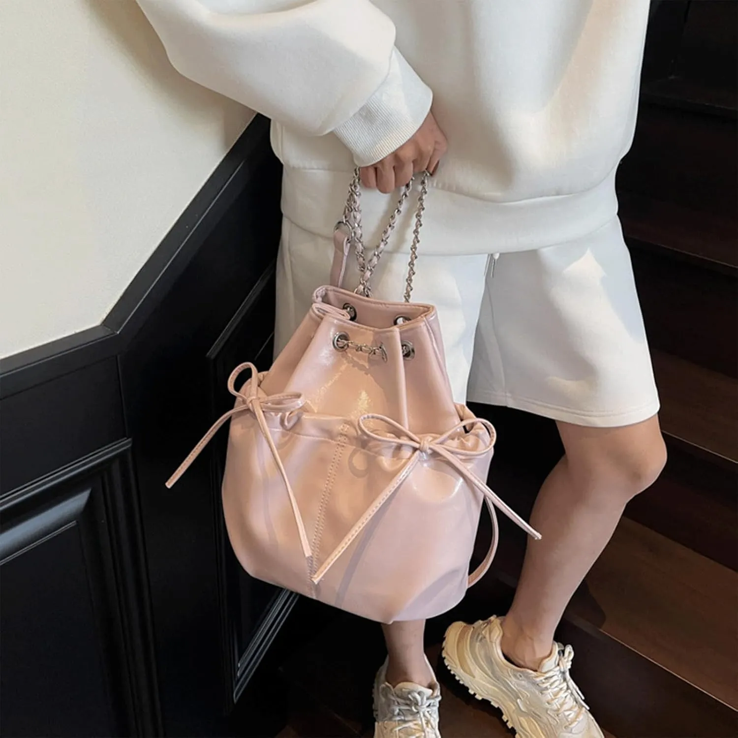 Mini Bucket Bag Vintage Leather Bucket Purse with Bow Drawstring Handbag Shoulder Crossbody Purse Bag