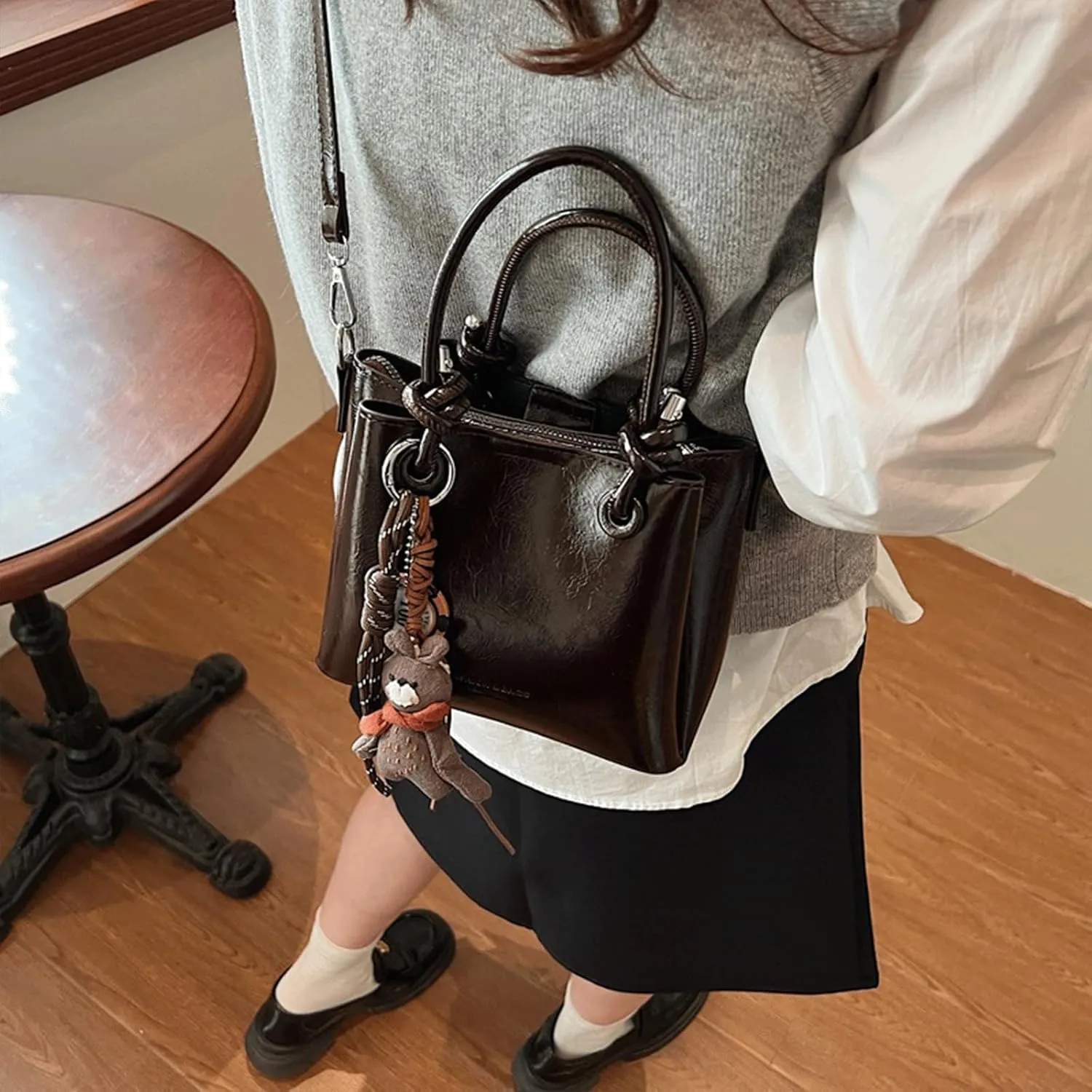 Mini Bucket Bag Vintage Leather Bucket Purse with Plush Charm Purse Bag Small Shoulder Crossbody Handbag