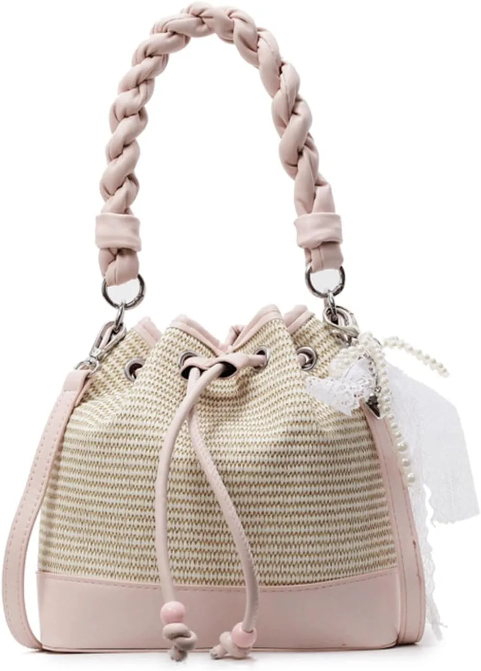 Mini Bucket Bag Vintage Straw and Leather Bucket Purse with Drawstring Closure Lace Pearl Charm Crossbody Shoulder Purse Bag