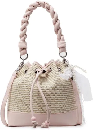 Mini Bucket Bag Vintage Straw and Leather Bucket Purse with Drawstring Closure Lace Pearl Charm Crossbody Shoulder Purse Bag