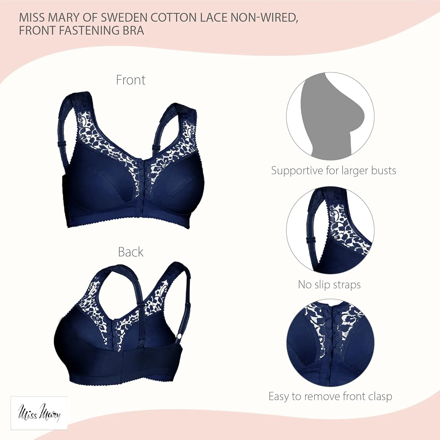Miss Mary of Sweden Cotton Lace Womens Front-Closure Non-Wired Bra