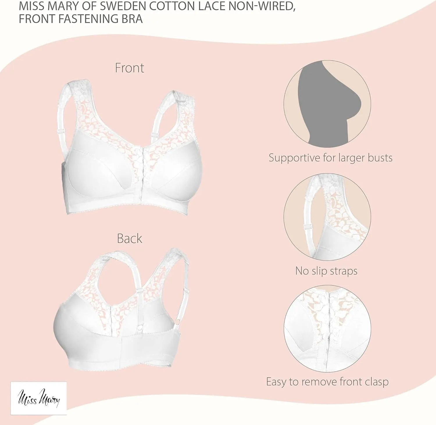 Miss Mary of Sweden Cotton Lace Womens Front-Closure Non-Wired Bra