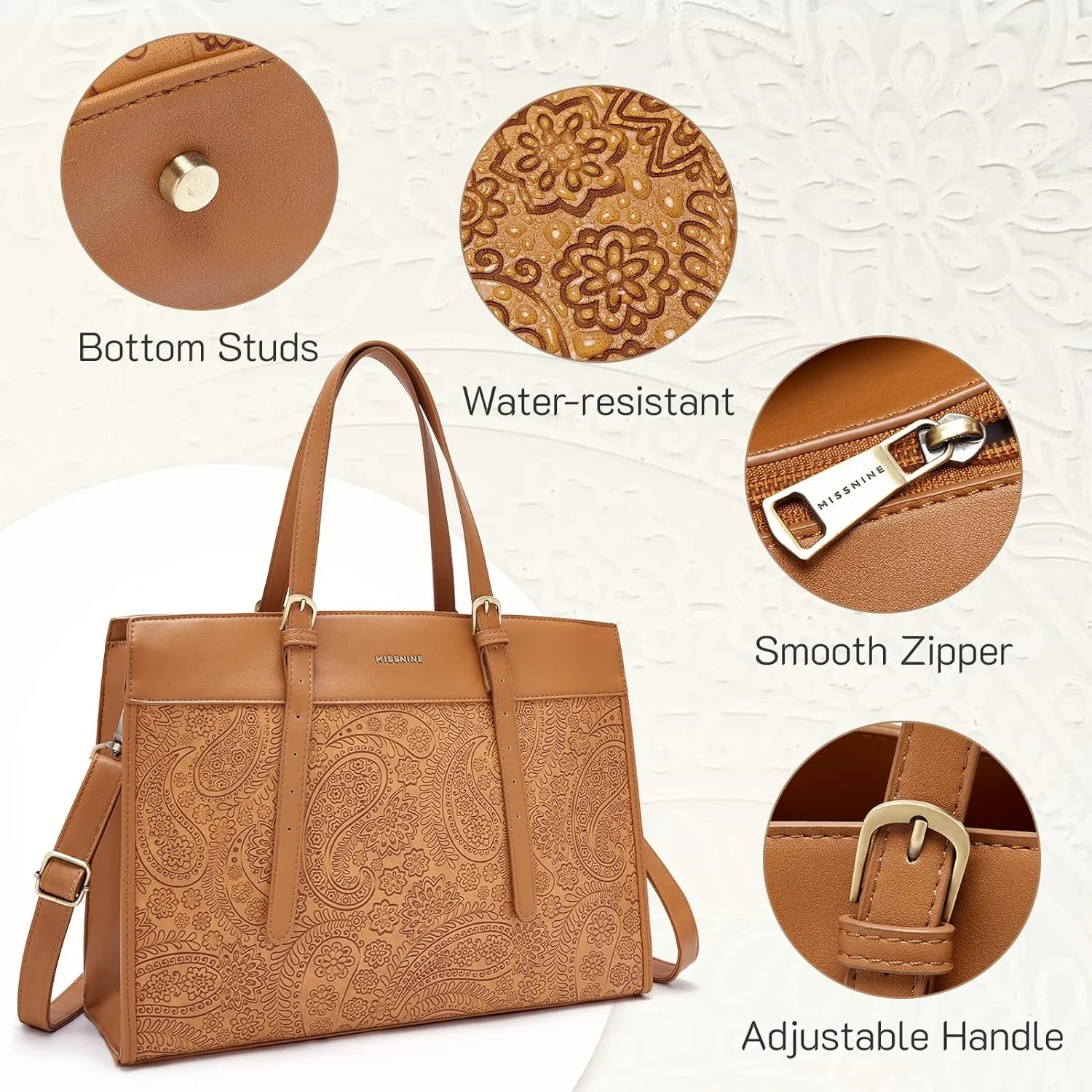 Missnine Laptop Tote Bag for Women 15.6 Inch Leather Work Bags Teacher Computer Purse Briefcase Handbag for Office, Travel