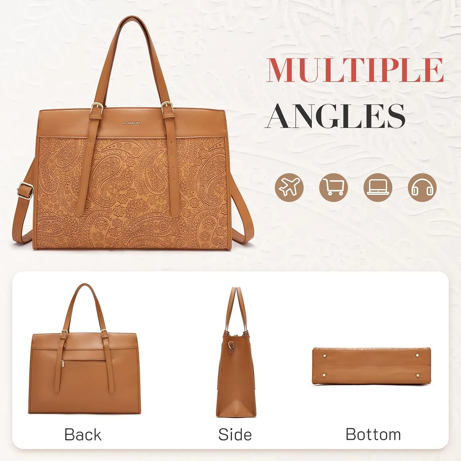 Missnine Laptop Tote Bag for Women 15.6 Inch Leather Work Bags Teacher Computer Purse Briefcase Handbag for Office, Travel