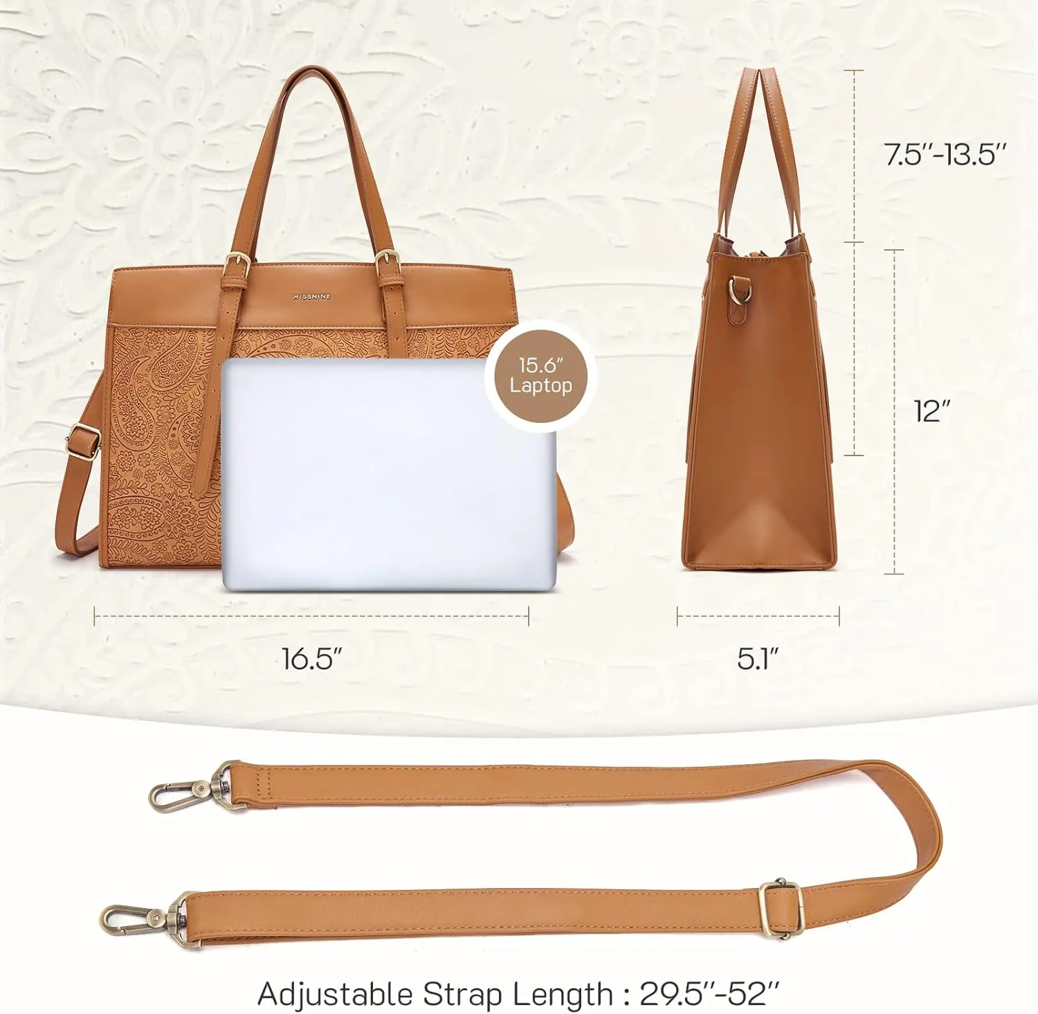 Missnine Laptop Tote Bag for Women 15.6 Inch Leather Work Bags Teacher Computer Purse Briefcase Handbag for Office, Travel