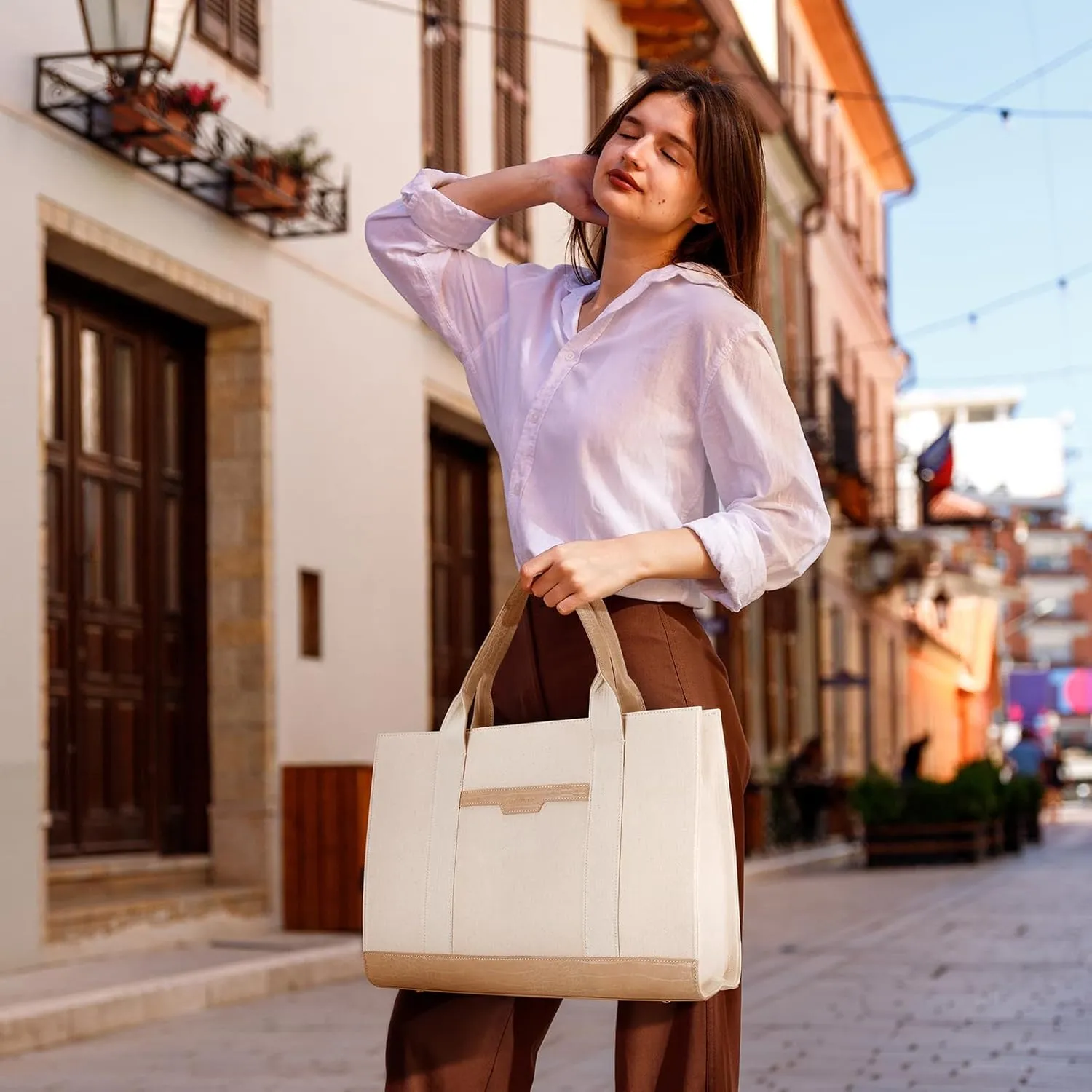 Missnine Tote Bag Canvas Laptop Bag 15.6 inch Briefcase for Women Large Capacity Handbag for Office, School, Travel