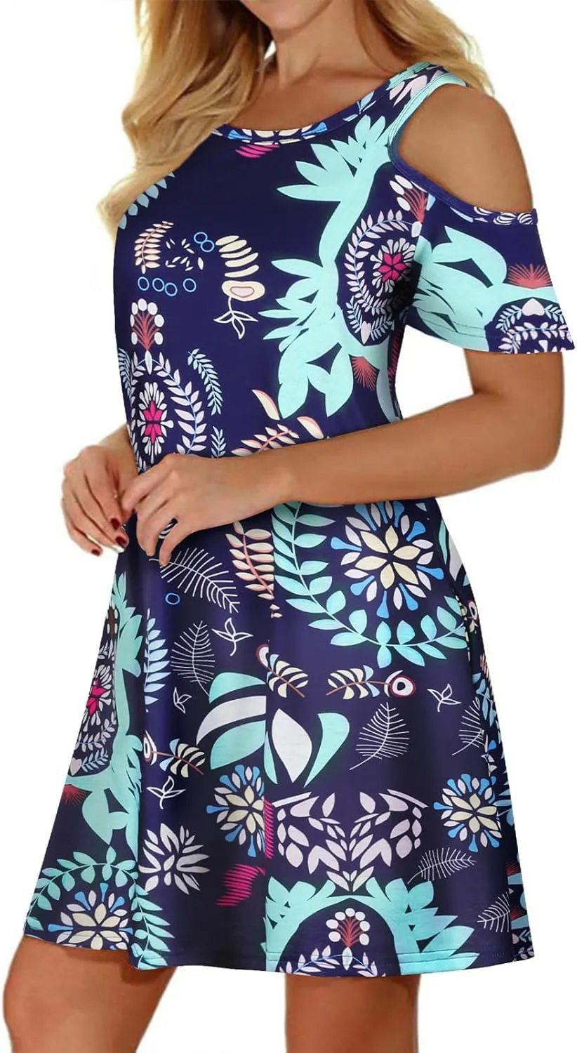 Misyula Style Womens Summer Cold Shoulder Floral Flowy T-Shirt Dress with Pockets