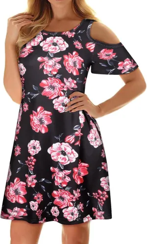 Misyula Style Womens Summer Cold Shoulder Floral Flowy T-Shirt Dress with Pockets