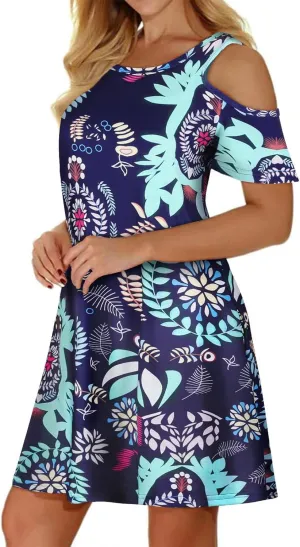 Misyula Style Womens Summer Cold Shoulder Floral Flowy T-Shirt Dress with Pockets