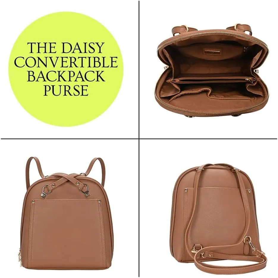 Miztique The Daisy Convertible Backpack Purse for Women (Tan) | Soft Vegan Leather Shoulder Strap Bag or Convertible Backpack | 10.5in x 4in x 11.5in |