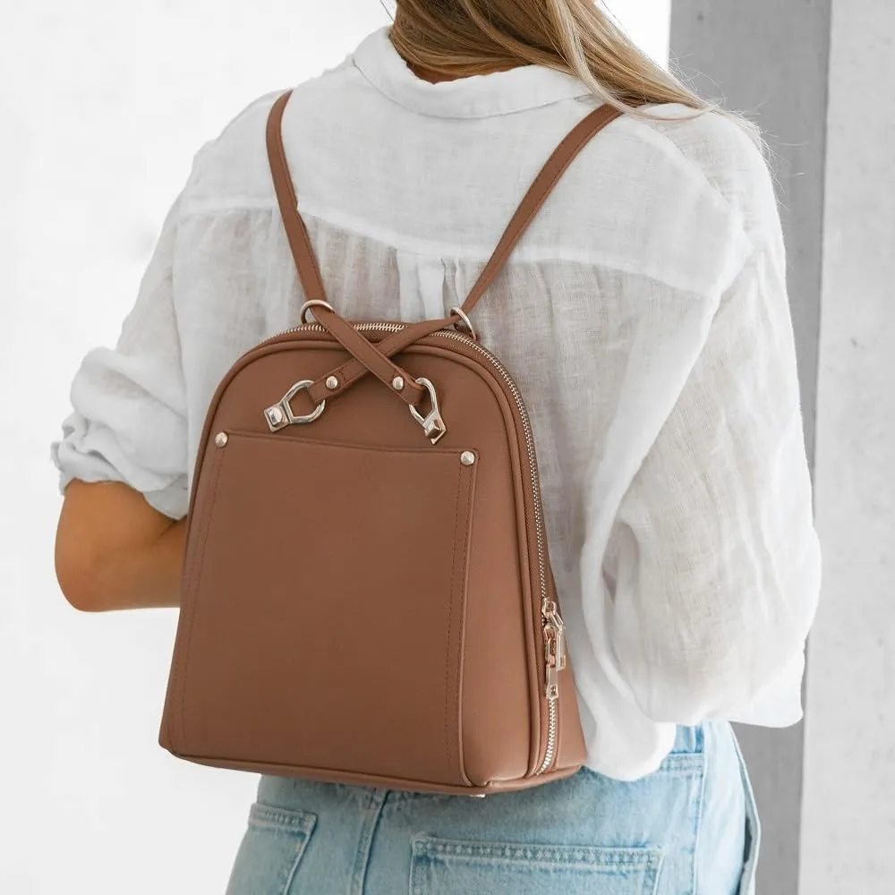 Miztique The Daisy Convertible Backpack Purse for Women (Tan) | Soft Vegan Leather Shoulder Strap Bag or Convertible Backpack | 10.5in x 4in x 11.5in |