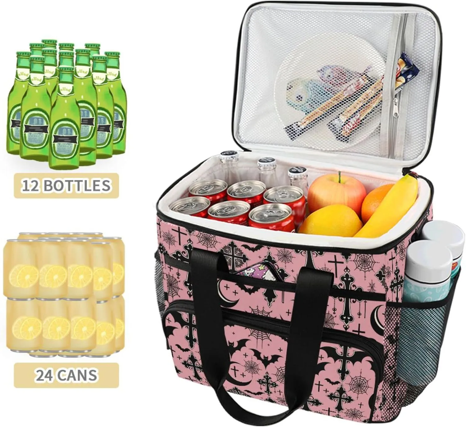 MNSRUU Cooler Bag Gothic Skull Cat Rose Soft Cooler Bag Insulated Lunch Totes Picnic Bag Beach Cooler Lunch Box Container with Adjustable Shoulder Strap