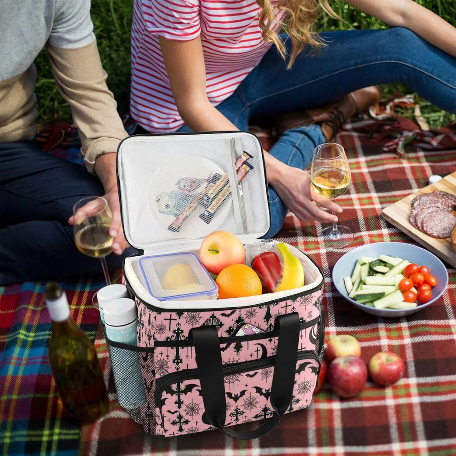 MNSRUU Cooler Bag Gothic Skull Cat Rose Soft Cooler Bag Insulated Lunch Totes Picnic Bag Beach Cooler Lunch Box Container with Adjustable Shoulder Strap
