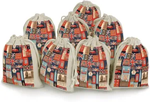 MNVTSKOP Muslin Bags Small Drawstring Bag England Symbols Muslin Sachet Bags Drawstring Jewelry Pouches Reusable Gift Bag Cloth Pouch for Wedding Party Favor Jewelry DIY Crafts 8pcs