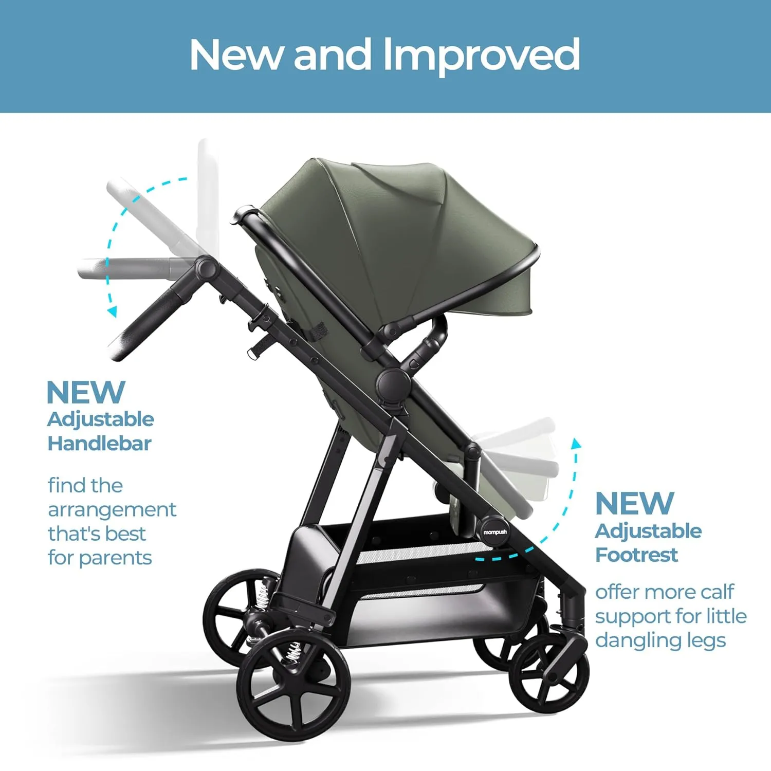 Mompush Baby Stroller, Convertible 2-in-1 with Bassinet Option, Infant Car Seat Compatible, Includes Adapter - Sturdy Full-Size Infant Stroller for Family Adventures