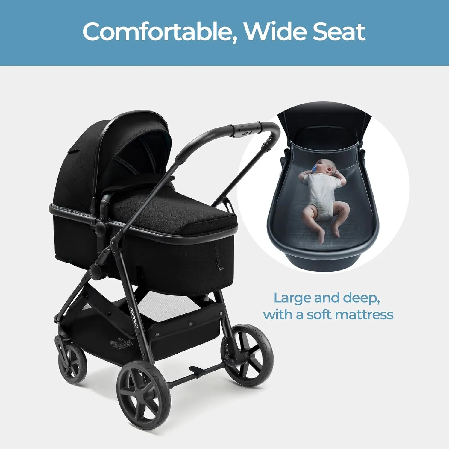 Mompush Wiz 2-in-1 Convertible Baby Stroller with Bassinet Mode, Foldable Infant Stroller with Reversible Seat and Large UPF 50  Canopy