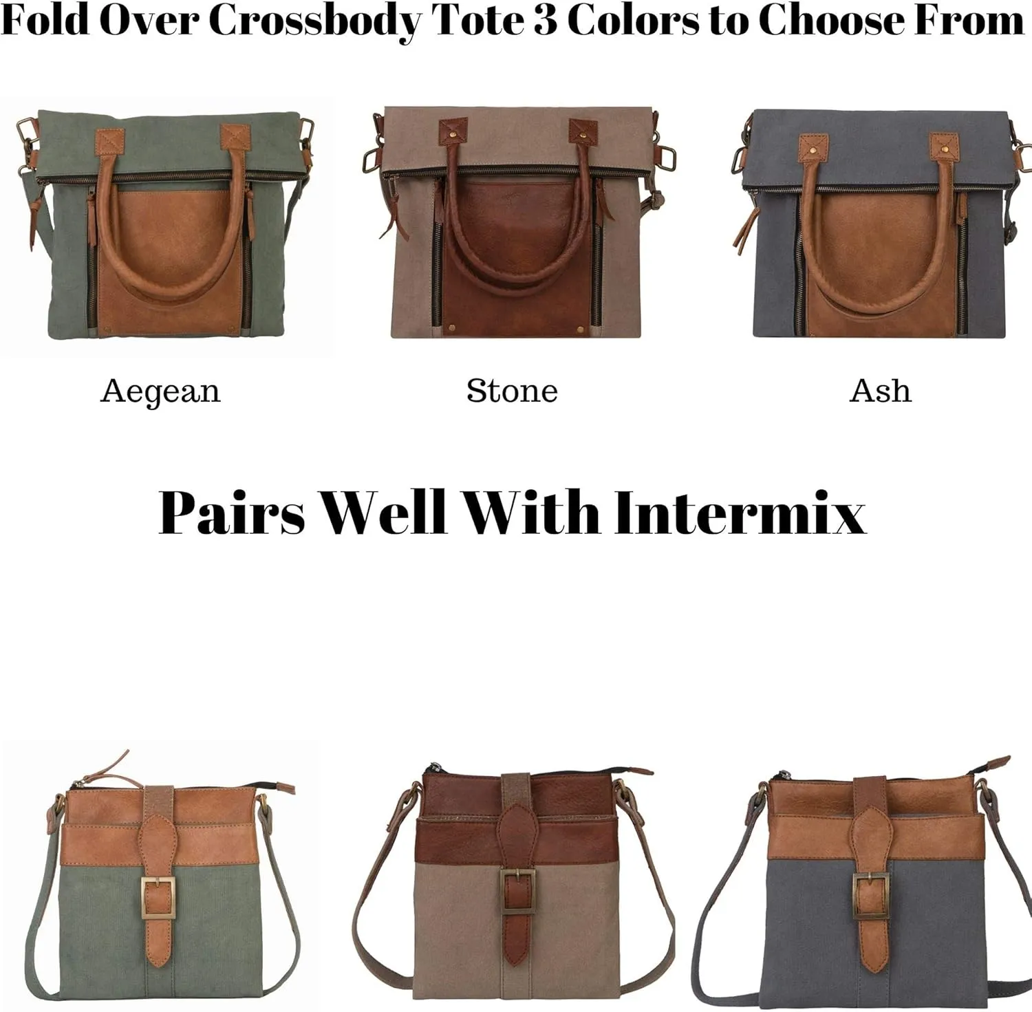 Mona B. Fold-Over and Intermix Convertible Upcycled Canvas Tote and Crossbody Bag with Vegan Leather Trim