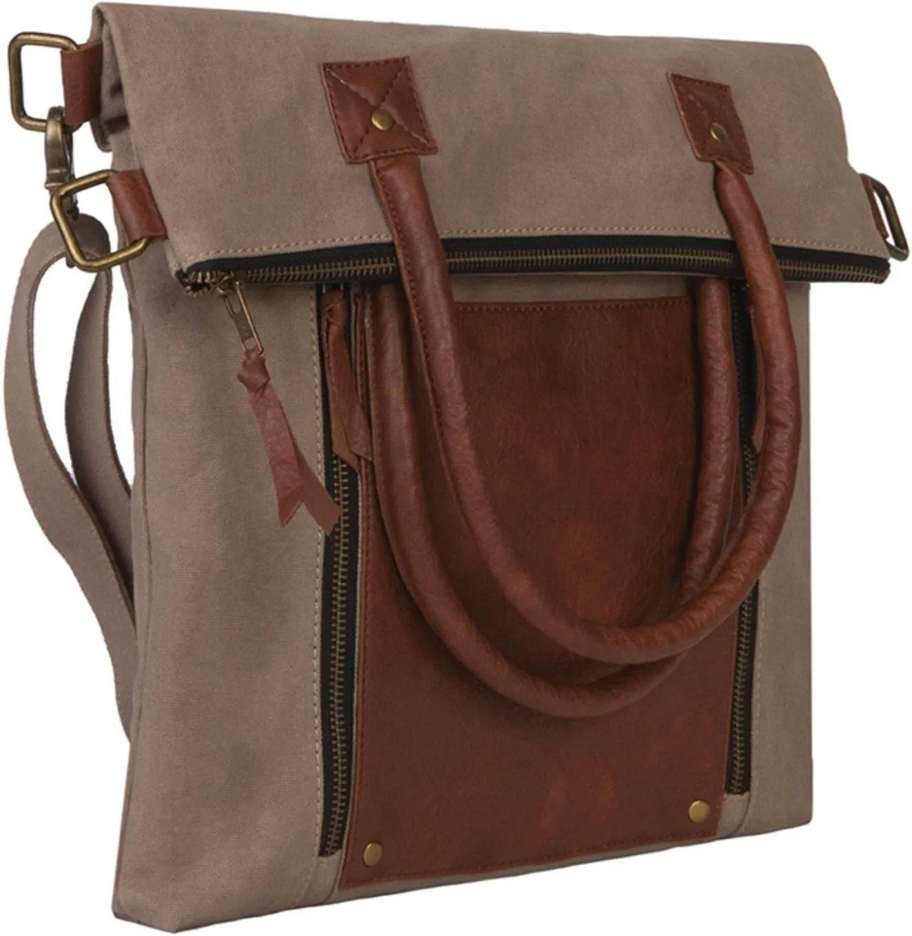 Mona B. Fold-Over and Intermix Convertible Upcycled Canvas Tote and Crossbody Bag with Vegan Leather Trim