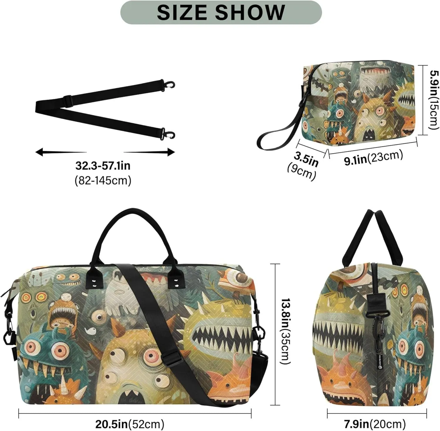 Monsters Jungle Adventure Duffle Bag for Travel Makeup Bag Set of 2, Art Womens Gym Tote Bags Weekender Travel Bag