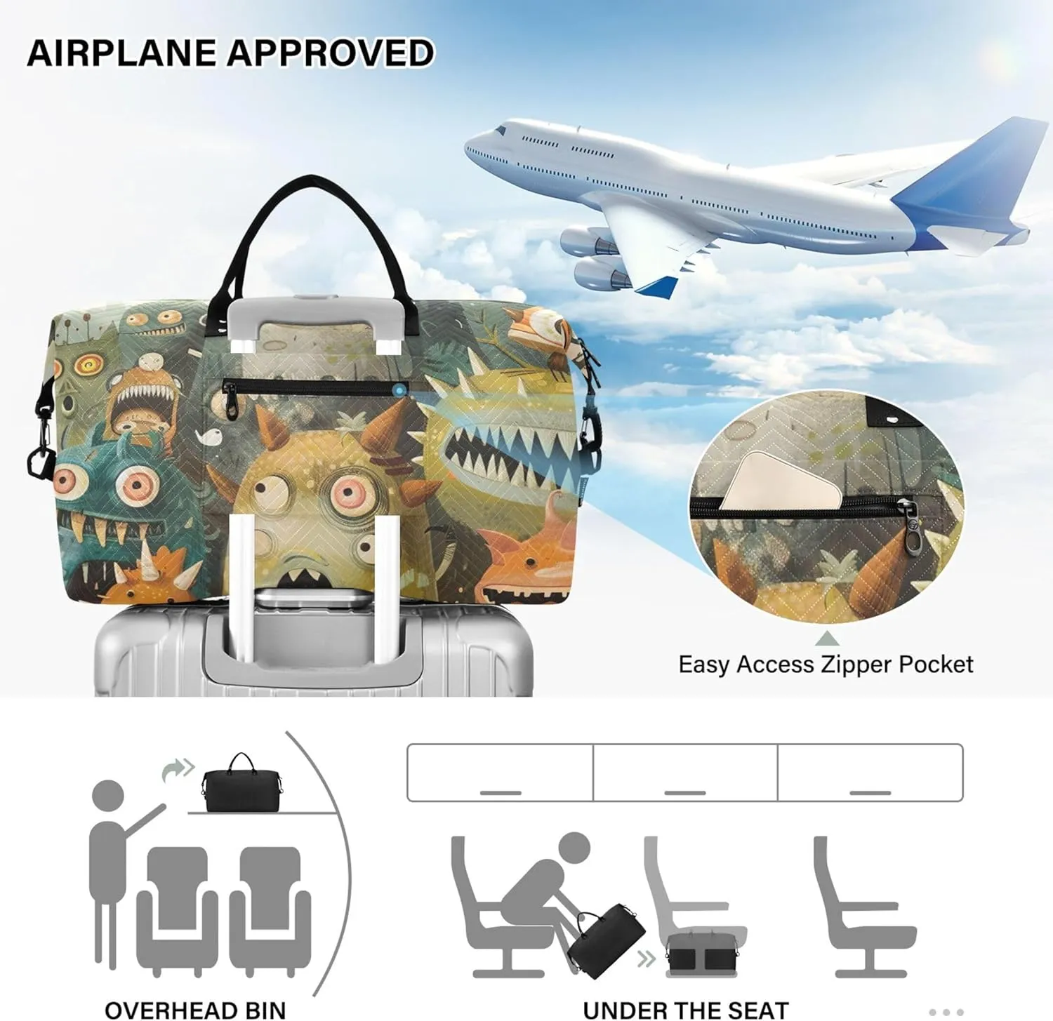 Monsters Jungle Adventure Duffle Bag for Travel Makeup Bag Set of 2, Art Womens Gym Tote Bags Weekender Travel Bag