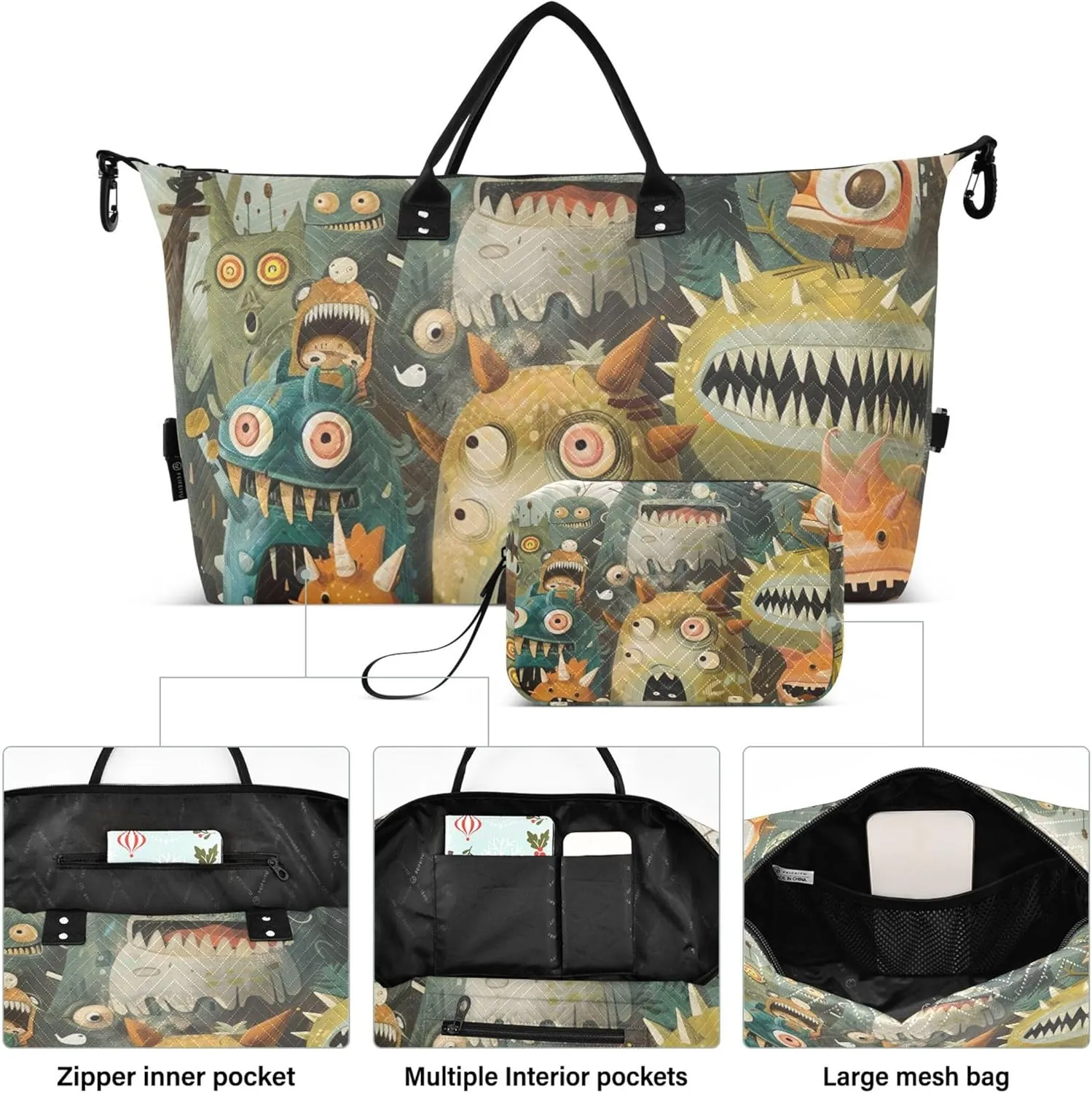 Monsters Jungle Adventure Duffle Bag for Travel Makeup Bag Set of 2, Art Womens Gym Tote Bags Weekender Travel Bag