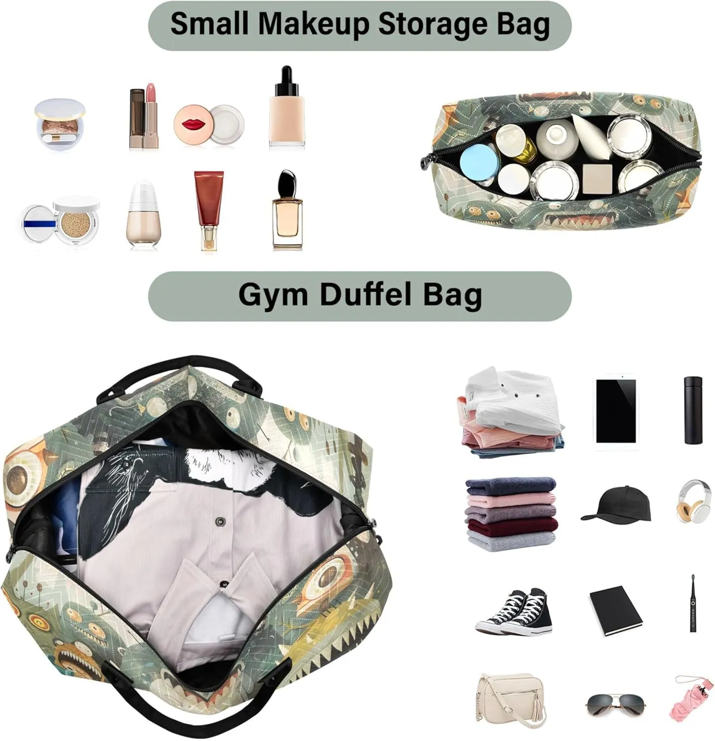 Monsters Jungle Adventure Duffle Bag for Travel Makeup Bag Set of 2, Art Womens Gym Tote Bags Weekender Travel Bag